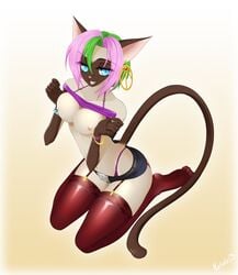 2013 anthro breasts clothed clothing feline female fur furry gradient_background hair mammal multicolored_hair nataly-b nipples piercing pink_hair sitting smile