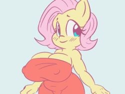 4:3 animated anthro anthrofied big_breasts bouncing_breasts breasts clothing dress equid equine female fluttershy_(mlp) friendship_is_magic hair hasbro huge_breasts mammal my_little_pony nipples pink_hair short_playtime snus-kun solo tongue tongue_out yellow_body