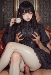 1boy ai_generated amaranthine bare_thighs civitai crossed_legs crossed_legs_(sitting) cup_of_tea dark_hair dress drinking_tea female female groping groping_breasts heiress_of_the_hidden_halls hime_cut holding_cup laced_corset old_man pale_skin reverse_cowgirl_position sex sofa vagina vaginal_penetration victorian_dress