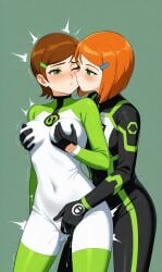 ai_generated ben_10 ben_tennyson bodysuit female_only fingering genderswap_(mtf) gwen_tennyson rule_63 shaking skin_tight yuri