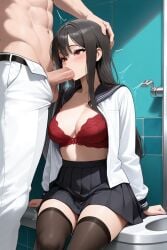 ai_generated black bra eyes fellatio hair long male open oral pants pleated red sex shirt sitting skirt standing white