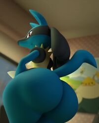 3d_(artwork) ambiguous_gender anthro ass big_butt blender_(artwork) blue_body blue_fur bubble_butt dbzdr digital_media_(artwork) fur generation_4_pokemon hi_res huge_butt lucario nintendo pokemon pokemon_(species) raised_tail rear_view solo tail