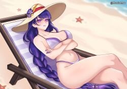 beach big_breasts bikini genshin_impact haxial pinup raiden_ei raiden_shogun summer sun_hat swimsuit swimwear tagme thick_thighs