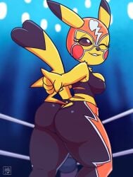 1girls 2022 anthro background big_ass clothed cosplay_pikachu curvy deathzera digital_media_(artwork) female game_freak hi_res looking_back low-angle_view nintendo pikachu pikachu_libre pokemon pokemon_(species) shortstack smug solo tagme wrestling wrestling_outfit yellow_body