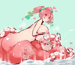 1boy blush breasts female handjob heart large_breasts monster_girl multicolored_hair nipples nude original penis scylla tail unbirthing vore yace