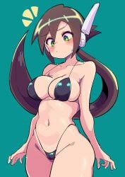 1girls aile big_breasts bikini black_bikini black_bra black_g-string blush brown_hair buzzlyears green_eyes long_hair mega_man mega_man_zx