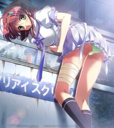 bandage belt black_legwear blush bow female green_eyes green_panties highres panties pleated_skirt red_hair short_hair short_sleeves skirt socks solo sweat takasaki_mako underwear upskirt