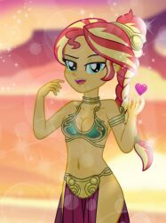 1female 1girls 2010 2010s 2d 2d_(artwork) 2d_artwork aqua_eyes bare_arms bare_legs bare_midriff bare_shoulders bare_thighs beach beach_background belly_button bikini bikini_top blurry_background bra bracelet braided braided_hair braided_ponytail cleavage collar equestria_girls female female_only girl girl_only gold_(metal) gold_bracelets gold_collar gold_hair_ornament gold_jewelry golden_bracelets golden_collar golden_hair_ornaments green_bikini green_bikini_top green_bra hair_ornament heart heart_symbol loincloth long_hair love_heart metal_bikini metal_bra metal_bracelet metal_collar midriff my_little_pony my_little_pony_equestria_girls my_little_pony_friendship_is_magic navel only_female only_girl open_mouth ponytail red_hair red_loincloth seaside slave slave_bikini slave_collar slave_leia slave_leia_(cosplay) slave_outfit slavegirl small_boobs small_breasts sparkles sparkling sparkling_aura sparkling_background sunset sunset_shimmer thick_thighs yellow_highlights yellow_skin yellow_skinned_female