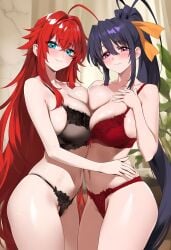 2girls ai_generated akeno_himejima big_ass bikini blushing_female breasts_touching_each_other curvy_females females_only girlfriends grabbing_another's_waist high_school_dxd indoors large_breasts lesbian_couple rias_gremory rias_x_akeno yuri yuri yuri