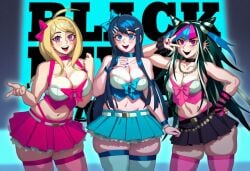 3girls ai_generated akamatsu_kaede blue_stockings danganronpa huge_ass huge_breasts idol maizono_sayaka mioda_ibuki muffin_top pink_stockings queen_of_spades stockings tattoo