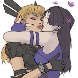 cauchemariart closed_eyes clothed_female_clothed_female embrace eyelashes eyeliner female_only hugging intimate kissing_cheek magik_(marvel_rivals) marvel_rivals psylocke_(marvel_rivals) yuri yuri