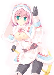 1girls blush breasts female hat lagombi_(armor) monster_hunter nipples pink_hair solo tagme