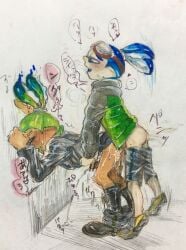 2boys against_wall ahe_gao anal bent_over censored_penis cum gay goggles_(splatoon) inkling_boy japanese_text male_only nintendo rider_(splatoon) splatoon splatoon_(manga) traditional_media_(artwork)