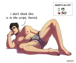 avatar_legends black_hair bolin bulge chest_hair english_text feet head_on_hand human_only laying_down leg_hair legolligator male_feet male_only nickelodeon nuktuk out_of_frame_male shorts_only the_legend_of_korra twitter_strip_game_(meme) white_background