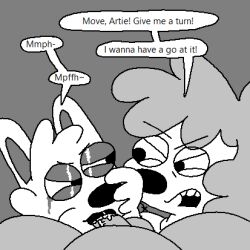 anthro anthro_penetrated artie_(normalsville) canid canine canis collaborative collaborative_fellatio collaborative_oral collaborative_sex dexoxeck domestic_dog fellatio fellatio_pov first_person_view group group_sex harrod_(normalsville) lagomorph leporid low_res makeup male male/male male_pov mammal normalsville oral penetration penile penis rabbit running_makeup sex threesome