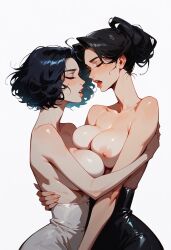 2girls black_hair blue_hair large_breasts tagme