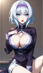 ai_generated big_breasts female isekai_wa_smartphone_to_tomo_ni. linse_shileska linze_silhoueska purple_hairband red_lips silver_hair turquoise_eyes