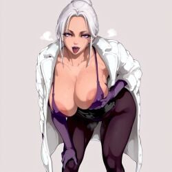 areolae bending_forward big_ass big_breasts bra coat holding_breast huge_breasts looking_at_viewer mayyreel nipples pantyhose purple_eyes tongue_out white_hair