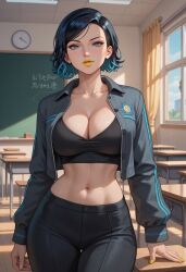 abs ai_generated belly belly_button black_hair blue_eyes blue_hair classroom jacket marvel nico_minoru open_jacket pants spider-man_(series) tank_top yellow_lipstick yellow_nails your_friendly_neighborhood_spider-man_(2025)