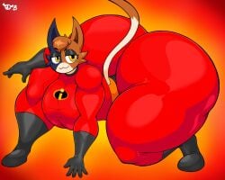 :3 anthro anthro_only ass_focus black_eyelids brown_fur calico_cat disney elastigirl_(cosplay) epic_games feline fortnite fortnite:_battle_royale hunter_pose large_ass large_breasts meow_skulls_(fortnite) navy_fur omegabrawl pointy_ears smug spandex superhero superhero_costume superhero_landing tail the_incredibles white_background yellow_eyes