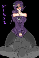 1boy 1girls bare_shoulders black_background black_legwear blue_eyes blush borrowed_character breasts cleavage cowgirl_position drill_hair faceless faceless_male female hair_ornament highres implied_sex long_hair off-shoulder_sweater original pantyhose purple_hair skull_hair_ornament solo_focus straddling straight sweater usukawa v_arms zone-tan