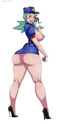 1girl ass big_ass blue_hair breasts colored female female_only from_behind full_body gmgkaiser green_hair human human_only large_breasts legoman licking_lips miniskirt officer_jenny_(pokemon) pokemon seductive_look selfie solo standing teal_hair uniform white white_background white_female