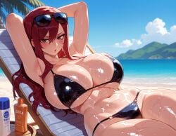 1girls :o ai_generated armpits arms_behind_head arms_up balecxi bare_shoulders beach beach_chair bikini black_bikini black_swimsuit blue_sky blurry_background blush bottle breasts brown_eyes chair cleavage clothing cloud collarbone curvaceous curvaceous_female curvaceous_figure curvy curvy_figure day erza_scarlet eyewear_on_head fairy_tail female female_focus female_only hair_between_eyes huge_breasts inviting inviting_to_sex large_breasts long_hair looking_at_viewer lotion lotion_bottle lounge_chair lube lying mole mountainous_horizon navel o-ring o-ring_bikini ocean on_back open_mouth outdoors palm_tree parted_lips presenting presenting_ass presenting_breasts presenting_hindquarters presenting_pussy presenting_self red_hair sand seductive seductive_look seductive_smile shiny_clothes shiny_skin sideboob sidelocks skindentation sky solo stomach string_bikini sunglasses sunscreen swimsuit thick_thighs thighs tree underboob voluptuous voluptuous_female water wet