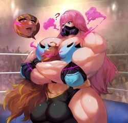 2girls ambre_brault_(bearhuggoddess) bearhug big_breasts commission female female_focus female_only female_wrestler human lustrious_(musclespirit) mask masked masked_female muscle_girl muscles muscular muscular_arms muscular_female ohxs original original_art original_artwork questioning_look smaller_female taller_female taller_girl taller_woman wrestler wrestling wrestling_femdom wrestling_match wrestling_outfit wrestling_ring wrestlingryona