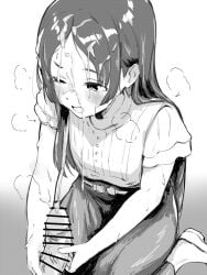 1boy ;o after_ejaculation bar_censor blush censored clothing cum cum_on_body cum_on_clothes cum_on_hair facial female gakuen_idolmaster greyscale handjob idolmaster kuramoto_china layered_sleeves long_hair monochrome one_eye_closed penis shimkarom shirt shirt_tucked_in skirt steam straight straight_hair very_long_hair