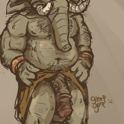 anthro armor bodily_fluids body_hair bracers chest_hair elephant elephantid genital_fluids glorpgorp hi_res loxodont male mammal musk musk_clouds precum proboscidean proboscis_(anatomy) rivals_of_aether scar shirtless solo sweat trunk_(anatomy) tusks