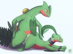 all_fours anal anal_sex anthro bodily_fluids collar cum cum_in_ass cum_inside duo from_behind_position generation_3_pokemon genital_fluids green_body grovyle hi_res male male/male male_penetrated male_penetrating male_penetrating_male n1k0 nintendo penetration pokemon pokemon_(species) sceptile sex simple_background submissive submissive_male tail