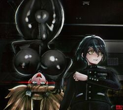 big_breasts commission crazy_eyes crazy_smile danganronpa dark_room futanari fyk0 glowing_eyes huge_breasts junko_enoshima latex latex_bodysuit latex_suit male round_breasts shuichi_saihara surprise unaware