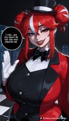 1girls ai_generated black_bow black_bowtie black_hat black_pants blue_eyes bow_hat bowtie breasts breasts_bigger_than_head caine_(the_amazing_digital_circus) double_bun genderbend genderbent genderswap genderswap_(mtf) gigantic_breasts gloves grin hair_between_eyes hat hat_bow heterochromia huge_breasts large_breasts light-skinned_female light_skin looking_at_viewer medium_hair messy messy_bun red_eyes red_hair red_jacket red_lips red_lipstick rule63 rule_63 sidelocks smile the_amazing_digital_circus tight_clothing top_hat white_gloves white_pupils white_shirt white_skin white_skinned_female white_streak