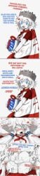 1boy 1girls america_(egobuzz) arm_hair big_breasts blue_eyes blush bracelet canada canada_(egobuzz) canada_day cape cape_only color comic confused crown dialogue english_text eyes_rolling_back female female_focus gift hands_on_back heart heart-shaped_pupils humanized instant_loss instant_loss_2koma lewd_juice looking_at_viewer male male_pov maple_leaf mating_press one_eye_closed play pov present sex straight straight text thumb_in_mouth tongue tongue_out white_body white_hair