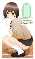 1girls brown_eyes brown_hair loafers looking_at_viewer peeing piss pissing puddle school_uniform squatting translated urinating white_socks