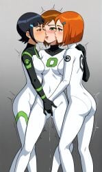 ai_generated ben_10 ben_tennyson bodysuit female_only fff_threesome fingering genderswap_(mtf) group group_sex gwen_tennyson julie_yamamoto rule_63 shaking skin_tight yuri