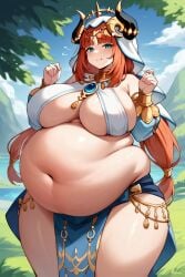 ai_generated bbw belly belly_button big_belly blue_eyes blue_eyes_female breasts chubby exposed_fat_belly fat fat_female fat_girl fat_woman female female_focus female_only genshin_impact hoyoverse light-skinned_female light_skin looking_at_viewer mihoyo mihoyo_technology_(shanghai)_co._ltd. nilou_(genshin_impact) obese obese_female overweight overweight_female red_hair red_hair_female solo solo_female solo_focus standing sumeru_girls thick_thighs thighs wide_hips