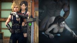1girls 2boys 3d barret_wallace cheating cheating_girlfriend cloud_strife cucked cuckold cuckolding dark-skinned_male dark_skin dovasfm female final_fantasy_vii final_fantasy_vii_remake hairy_male interracial male multiple_males netorare ntr running_mascara split_screen sweaty tifa_lockhart used_condoms