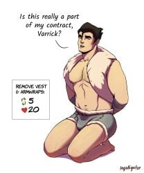 arm_wraps avatar_legends black_hair bolin bulge chest_hair english_text head_on_hand human_only leg_hair legolligator male_only nickelodeon no_visible_genitalia nuktuk on_knees out_of_frame_male the_legend_of_korra twitter_strip_game_(meme) vest white_background