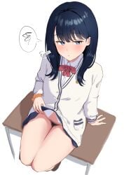 absurdres black_hair black_pubic_hair blue_eyes bow bowtie cardigan female female_pubic_hair gridman_universe highres medium_hair muraka_(numacha) pubic_hair red_bow red_bowtie school_uniform shirt simple_background sitting sitting_on_table solo ssss.gridman table takarada_rikka thighs white_background white_cardigan white_shirt