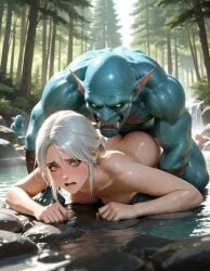 ai_generated ass bathing breasts cd_projekt_red ciri completely_nude drowner female green_eyes imminent_rape jaarulz light-skinned_female monster nude scarred the_witcher_(series) the_witcher_3:_wild_hunt wet_body white_hair