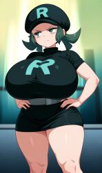 ai_generated angry big_breasts black_shirt black_skirt green_hair rainbow_rocket_grunt team_rainbow_rocket_grunt_(female) thick_thighs wide_hips