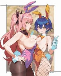 2girls ass belle_(zenless_zone_zero) big_ass big_breasts big_thighs blue_hair blush bowtie breasts bunny_ears bunnysuit cute female female_focus female_only fishnet_legwear fishnets green_eyes hoyoverse huge_ass huge_breasts huge_thighs legwear long_hair looking_at_viewer nicole_demara pink_hair r1zen short_hair tagme thick_thighs thighs twintails zenless_zone_zero