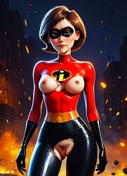 ai_generated breasts dex-j erect_nipples helen_parr latex_bodysuit looking_at_viewer mask pubic_hair pussy the_incredibles thighs torn_bodysuit