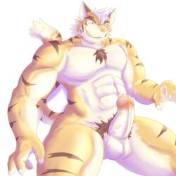 2014 abs anthro balls biceps big_balls big_muscles big_penis blue_eyes body_markings chest_tuft claws erection feline fur grin hair hati-skm male male_only mammal markings muscles nude pecs penis plain_background pubes solo teeth tiger tuft