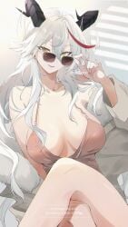 1girls absurdres aegir_(azur_lane) aegir_(one-on-one_leisure_time)_(azur_lane) azur_lane black_horns blush bracelet breasts brown-tinted_eyewear brown_coat coat collarbone demon_girl demon_horns dress female fingernails fur-trimmed_coat fur_trim grey_coat grey_hair hair_between_eyes hair_intakes highres holding holding_removed_eyewear horns huge_breasts indoors iron_blood_(azur_lane) jewelry light-skinned_female light_skin long_fingernails long_hair looking_at_viewer multicolored_hair necklace neu_(musyoku-neet/sasa_croo/sa_sannoha) oerba_yun_fang official_alternate_costume pink_dress red_hair signature sitting skin_fang sleeveless sleeveless_dress smile solo streaked_hair sweat thick_thighs thighs tinted_eyewear unworn_eyewear very_long_hair white-framed_eyewear yellow_eyes