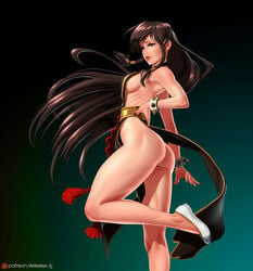 1girls alternate_costume alternate_hairstyle arteslav black_dress brown_eyes brown_hair capcom chun-li chun-li_(battle_ouffit_sfv) female female_only leg_lift sash solo street_fighter street_fighter_v white_footwear wrist_cuffs