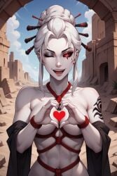 ai_generated black_sclera bondage brim_118 female female_only hair_up heart_hands nude nude_female open_mouth pale_skin red_eyes rwby salem_(rwby) tattoo tattoos tied tied_body tied_breasts white_hair white_skin wink