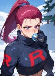 ai_generated anime_style buttplug jessie_(pokemon) ponytail snow team_rocket winter