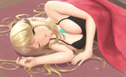 bangs bare_shoulders black_shirt blinking blonde_hair blush breasts casual_suit cleavage female jewelry large_breasts long_hair looking_at_viewer lying mythra_(xenoblade) nintendo shirt skindentation solo sssemiii swept_bangs xenoblade_(series) xenoblade_chronicles_2 yellow_eyes